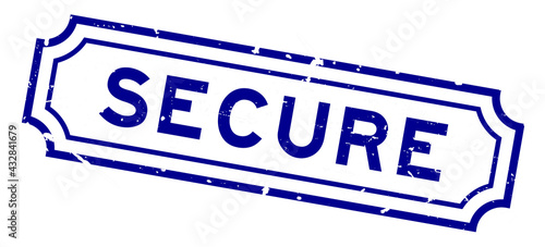 Grunge blue secure word square rubber seal stamp on white background