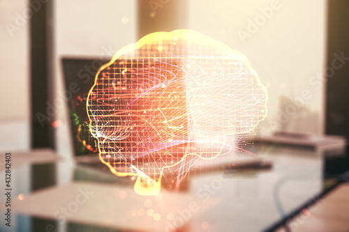 Double exposure of creative artificial Intelligence symbol with modern laptop on background. Neural networks and machine learning concept © Pixels Hunter