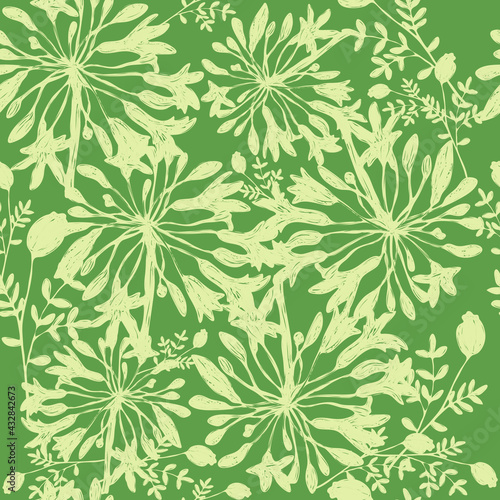 vector illustration seamless pattern,light green Agapanthus flowers on a dark green background,branches of grass and a box of poppy,for wallpaper,fabric or furniture