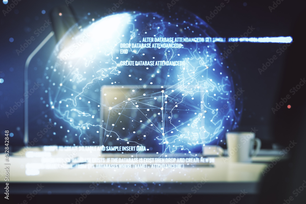 Double exposure of abstract programming language with world map on laptop background, research and development concept Double exposure of abstract programming language with world map on laptop background, research and development concept