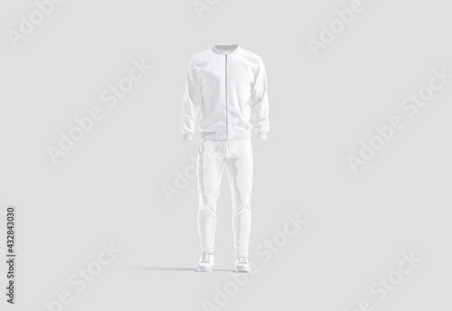 Blank white sport tracksuit with bomber, pants and sneakers mockup photo