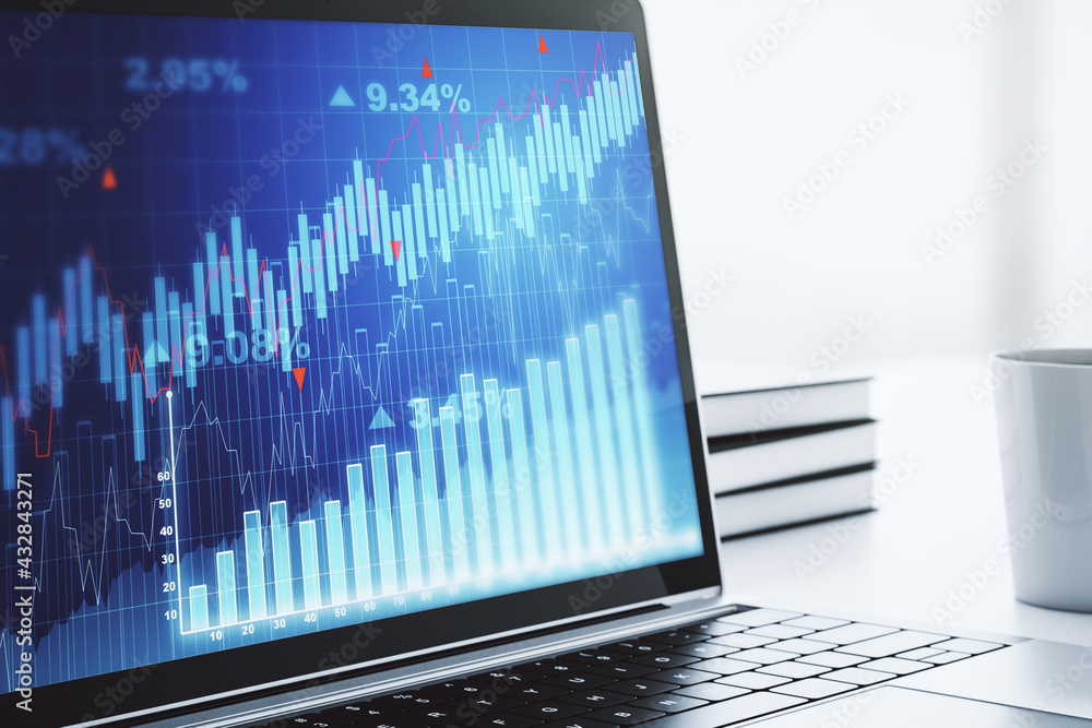 Computer monitor with abstract financial graph, finance and trading concept. 3D Rendering Computer monitor with abstract financial graph, finance and trading concept. 3D Rendering