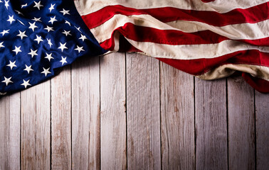 Happy memorial day concept made from american flag on old wooden background.