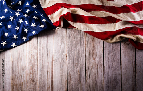 Happy memorial day concept made from american flag on old wooden background.