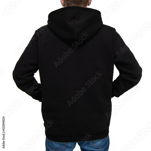 Black hoodie with hood on man isolated on white background, back view. Mock up for production
