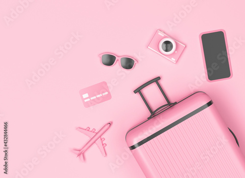 Pink baggage with smartphone, camera, sun glasses and copy space on pastel pink background. 3d rendering.