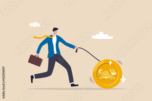 Dogecoin cryptocurrency price rising up with high profit, businessman investor walk the Shiba Inu token virtual cryptocurrency dogecoin.