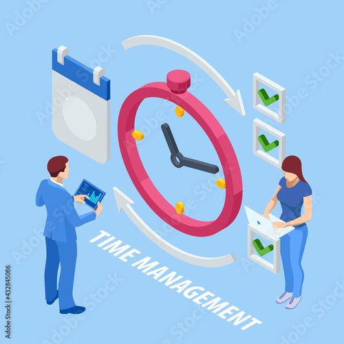 Isometric time management concept. Planning training activities schedule checkpoints. Event management, business management, e-commerce, time management.