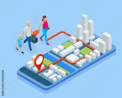 City app, traveling backpacker. Isometric gps navigation concept. Tourist traveling using his smartphone with previously saved favorite places on map.