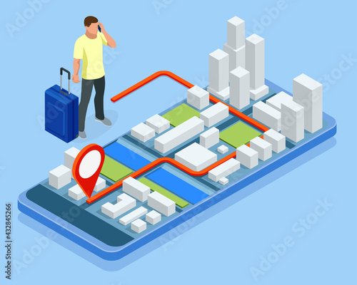 City app, traveling backpacker. Isometric gps navigation concept. Tourist traveling using his smartphone with previously saved favorite places on map.