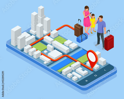 City app, traveling backpacker. Isometric gps navigation concept. Tourist traveling using his smartphone with previously saved favorite places on map.