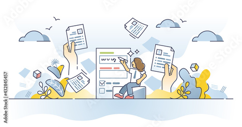 Job application or employment resume research for vacancy outline concept. Work candidate documentation with CV motivation letter after job interview vector illustration. Business labor and HR scene.