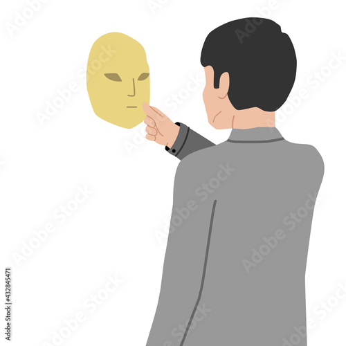 Vector illustration of a person who hides his identity. A mysterious young man holds a theater mask in his hand and looks at it. The concept of imposter syndrome.