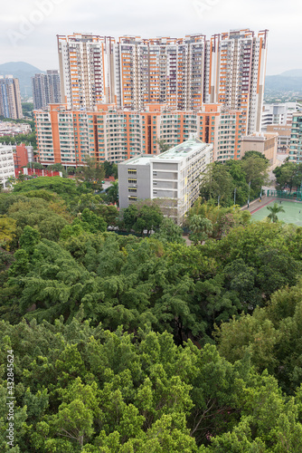 High rise residential building and public park in Hong Kong city