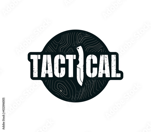 Vector symbol Tactical text with military knife. Isolated on light background.