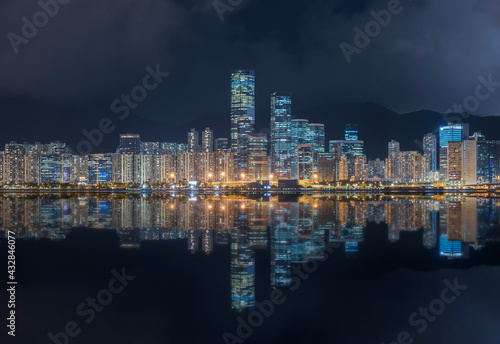 Photography Panorama of downtown of Hong Kong city at night