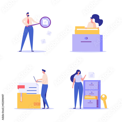People standing next to a file storage box. Concept of document archive, data storage, safe storage, file archiving and organization, digital database. Vector illustration in flat design