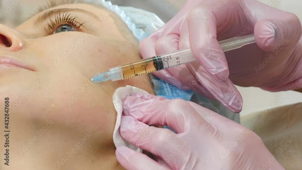 Beauty injection procedure in modern beauty clinic. injection with syringe into female cheek. Beautician performing mesotherapy and face lifting treatment in beauty salon. 4 k video Beauty injection procedure in modern beauty clinic. injection with syringe into female cheek. Beautician performing mesotherapy and face lifting treatment in beauty salon. 4 k video