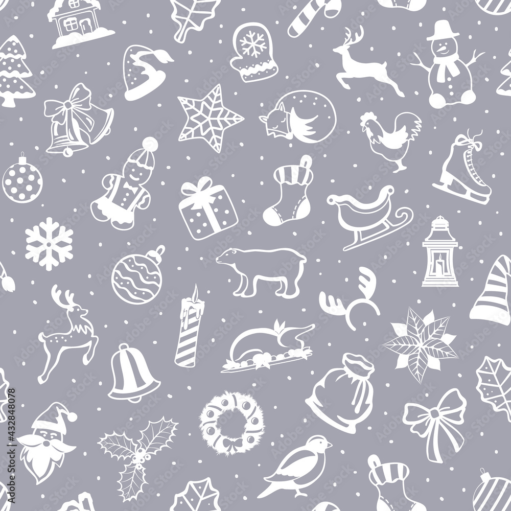 Merry Christmas and Happy New Year seasonal winter Seamless Pattern Texture with decoration items