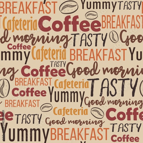 Word cloud with different text related to coffee menu. Seamless pattern with words for brunch and breakfast about beverage and food. Background for restaurants and cafeterias.