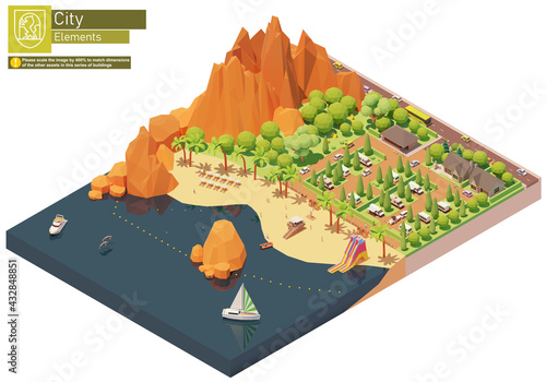 Vector isometric caravan or trailer park on the beach. Caravan camping resort. Seaside campground near mountains. Camping infrastructure, cottages, tents, trailers