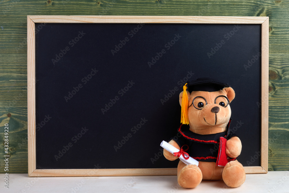 Cute teddy bear with nice graduation clothes and diploma in front of black chalkboard. School concept