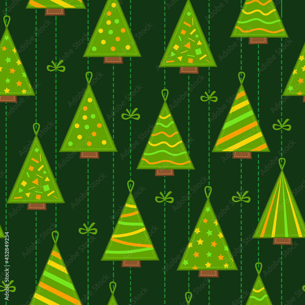 Seamless Pattern Texture Background with christmas trees in style of self made decoration of stitched patches hanging on garland rope
