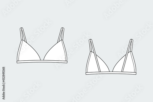 Lingerie bra female vector template isolated on a grey background. Front and back view. Outline fashion technical sketch of clothes model.