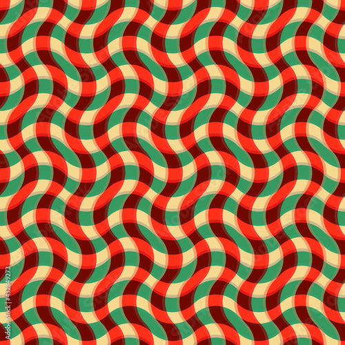 Intersecting wavy stripes. Green and red color. Plaid effect. Seamless texture