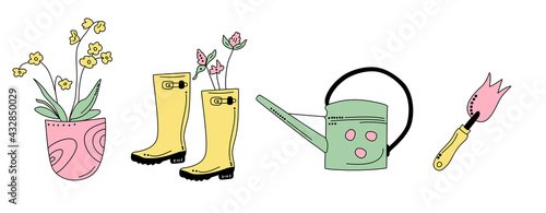 Gardening equipment and tools in doodle style. Hand drawn horizontal set for planting and seedling.Eco hobby.Illustration with hoe, rubber boots,watering can.Grow and cultivate flowers in a pot.Vector