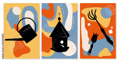 Different gardening equipment on abstract background.Mid century art.Grow and cultivate flowers. Eco hobby.Hand drawn illustration with bird house, rake and watering can. Vector. Colourful stains