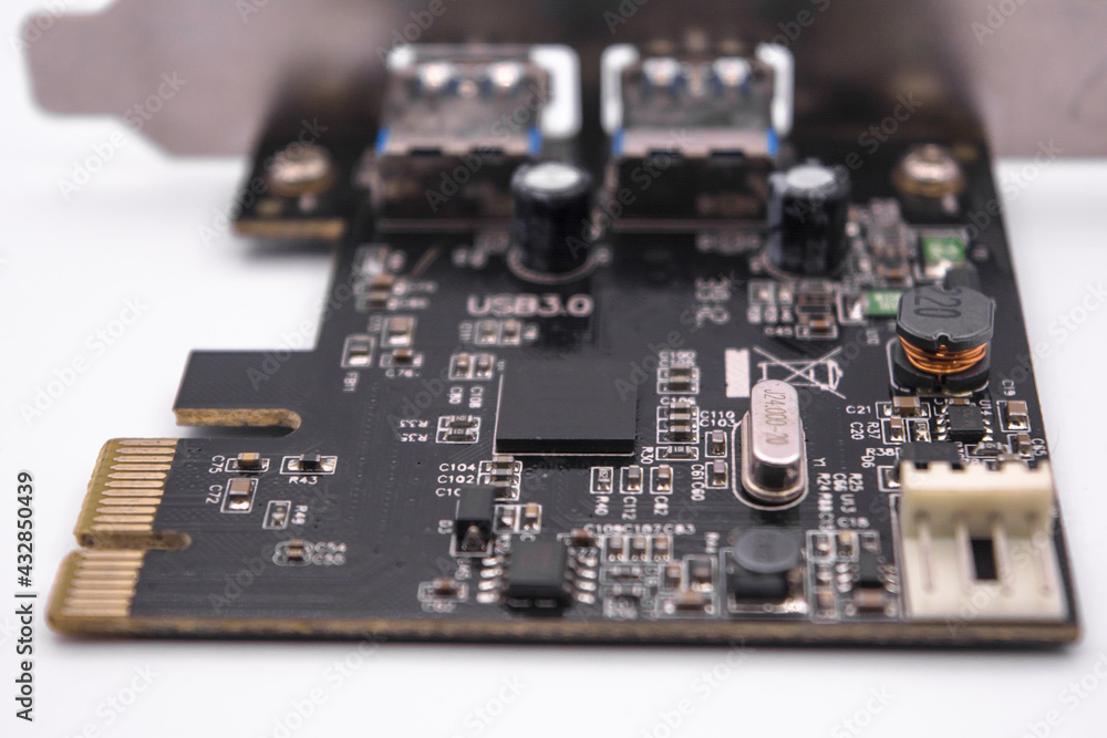 Computer PCI-E to USB 3.0 Expasion Card on white background. PCI-Express card for connectors additional USB 3.0, isolated on white background. Computer PCI-E to USB 3.0 Expasion Card on white background. PCI-Express card for connectors additional USB 3.0, isolated on white background.