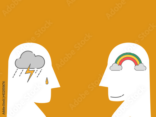 Mental health, illness, brain development, medical treatment  concept, two head with smile rainbow, cry rain thunder, therapist treat patient  illnesses by psycho therapy, vector illustration