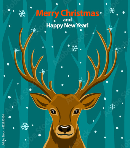 Merry Christmas and Happy New Year seasonal winter greeting card with deer in snow and forest background