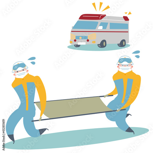 救急車と担架を担いで走る二人の救急隊員のイラスト素材
