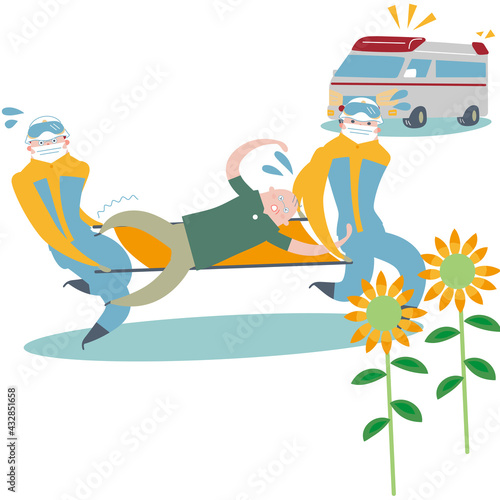 シニアの救急患者を担架に乗せ慌てて搬送する救急隊と救急車のイラスト素材	
