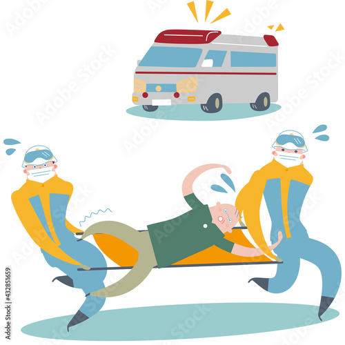 シニアの救急患者を担架に乗せ慌てて搬送する救急隊と救急車のイラスト素材	
