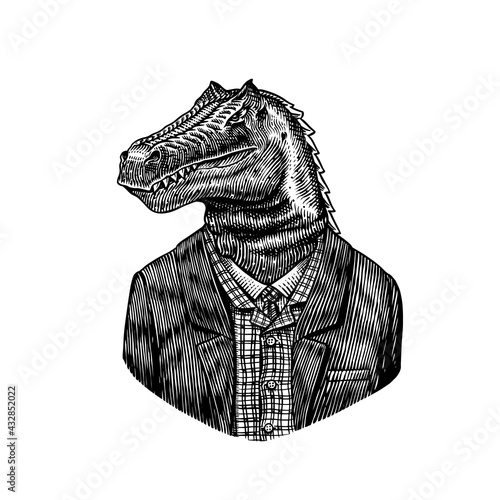 Dinosaur character in coat. Allosaurus tyrex gentleman. Fashionable animal, vitorian gentleman in a jacket. Hand drawn Engraved old monochrome sketch. Vector illustration for t-shirt, tattoo 