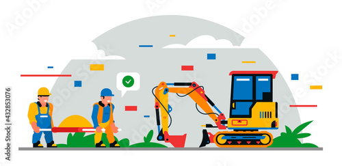 Construction equipment and workers at the site. Colorful background of geometric shapes and clouds. Builders, construction equipment, service personnel, mini excavator, sand. Vector illustration.