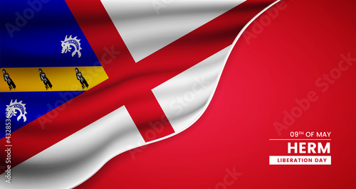Abstract liberation day of Herm background with elegant fabric flag and typographic illustration