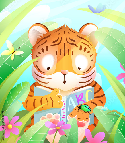 Litttle cute tiger reading a book in the jungle among green leaves and grass. Colorful tiger animal study cartoon for kids and children. Vector in watercolor style.