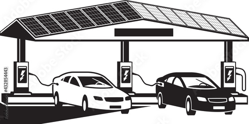 Electric vehicles at charging station with photovoltaic panels – vector illustration