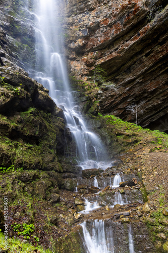 Lush waterfall on the rock covered by the moss and ferns  Zeleni vir  mountains of Croatia