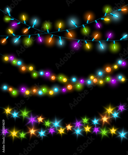 Celebration Christmas New Years Birthdays and festive glowing colorful led lights bulbs lamps, circles and stars, hanging garland background
