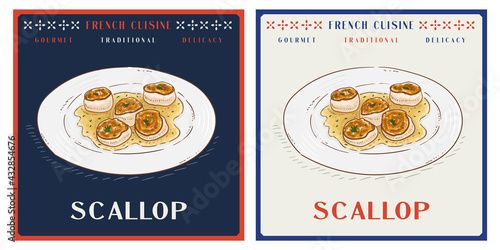 Seared scallops with butter french gourmet dish illustration