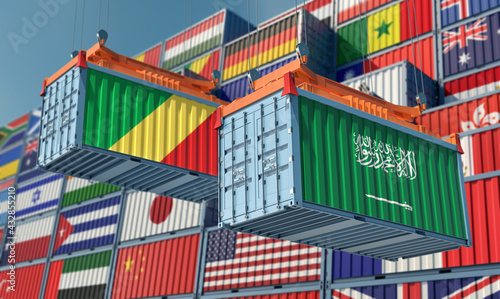 Freight containers with Republic of the Congo and Saudi Arabia national flags. 3D Rendering © Marius Faust
