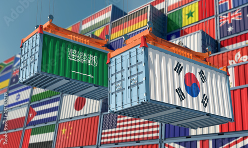 Freight containers with Saudi Arabia and South Korea flags. 3D Rendering © Marius Faust