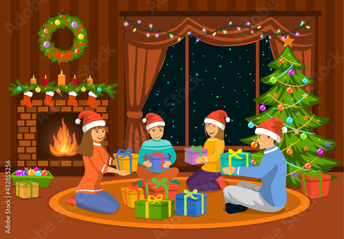Happy Family, man, woman parents and kids celebrating merry christmas scene, sitting in living room on the floor at fireplace and decorated christmas tree, exchanging xmas presents.