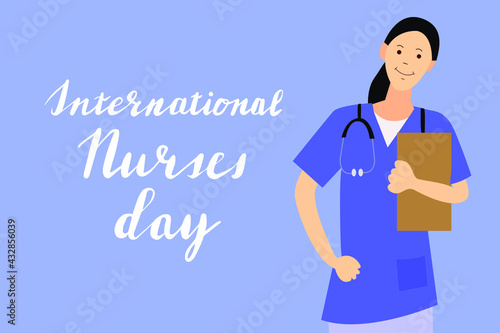 Banner of International Nurses day.  Young woman nurse, medical worker,doctor isolated on blue. Stethoscope, tablet for recording in hand