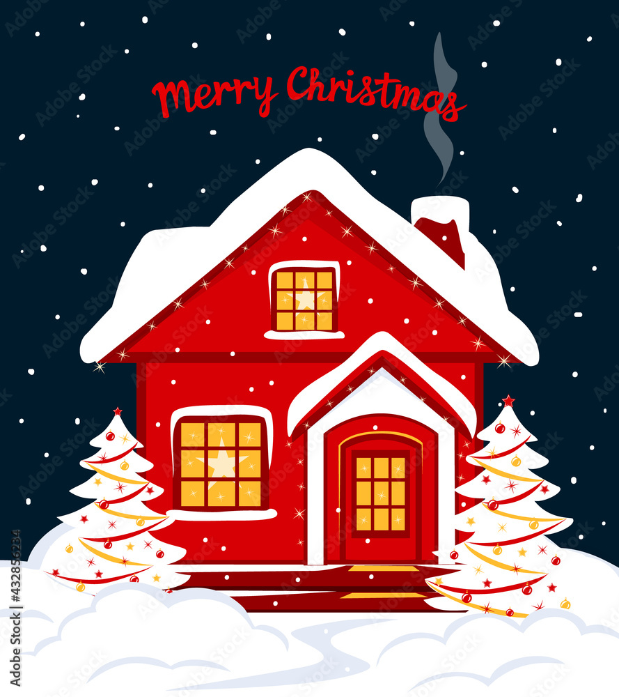 Merry Christmas and Happy New Year seasonal winter card template with red xmas house in snow at night